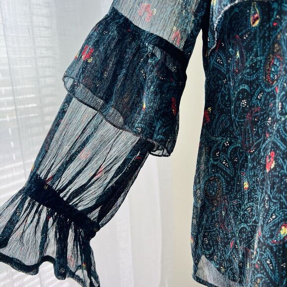 Lucky Brand Green Floral Ruffly Lightweight Flowy Romantic Blouse Size Small - Picture 3 of 9